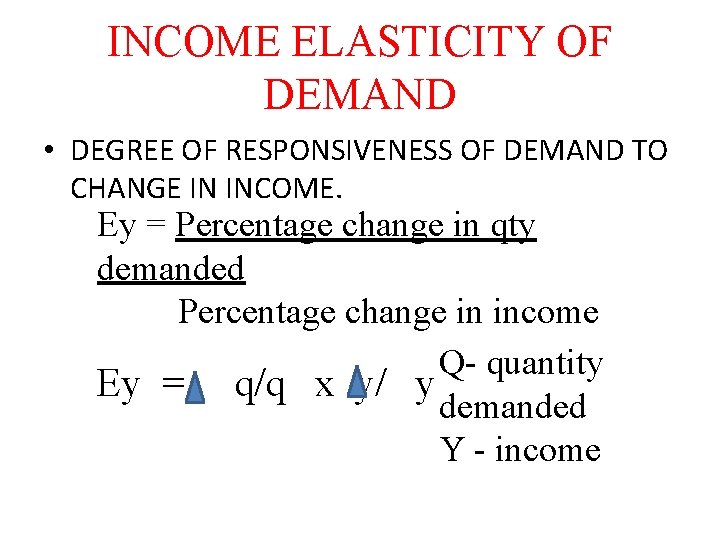 INCOME ELASTICITY OF DEMAND • DEGREE OF RESPONSIVENESS OF DEMAND TO CHANGE IN INCOME.