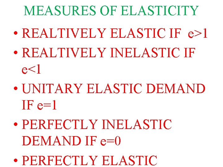 MEASURES OF ELASTICITY • REALTIVELY ELASTIC IF e>1 • REALTIVELY INELASTIC IF e<1 •