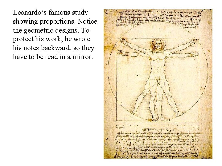 Leonardo’s famous study showing proportions. Notice the geometric designs. To protect his work, he