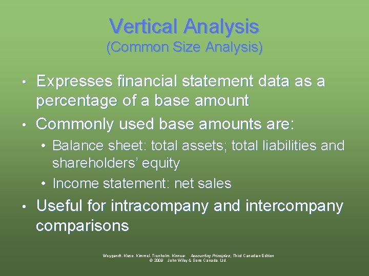 Vertical Analysis (Common Size Analysis) Expresses financial statement data as a percentage of a