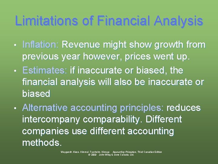 Limitations of Financial Analysis Inflation: Revenue might show growth from previous year however, prices