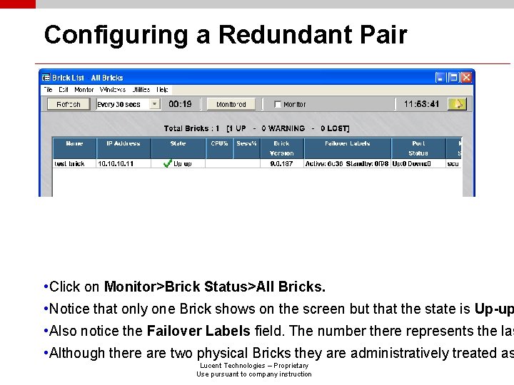 Configuring a Redundant Pair • Click on Monitor>Brick Status>All Bricks. • Notice that only