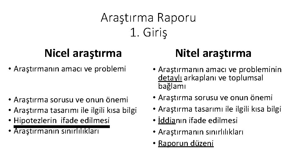 Araştırma Raporu 1. Giriş Nicel araştırma • Araştırmanın amacı ve problemi • Araştırma sorusu