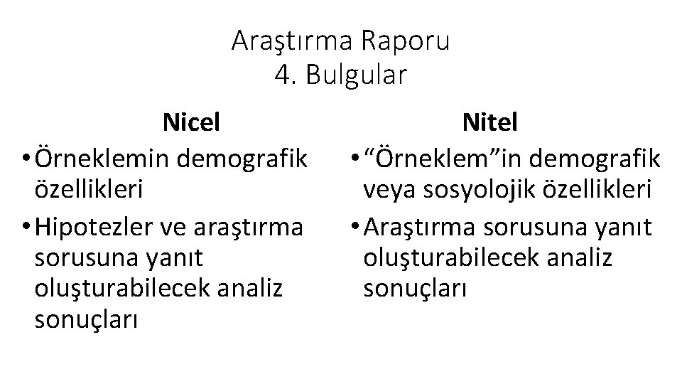 Araştırma Raporu 4. Bulgular Nicel • Örneklemin demografik özellikleri • Hipotezler ve araştırma sorusuna