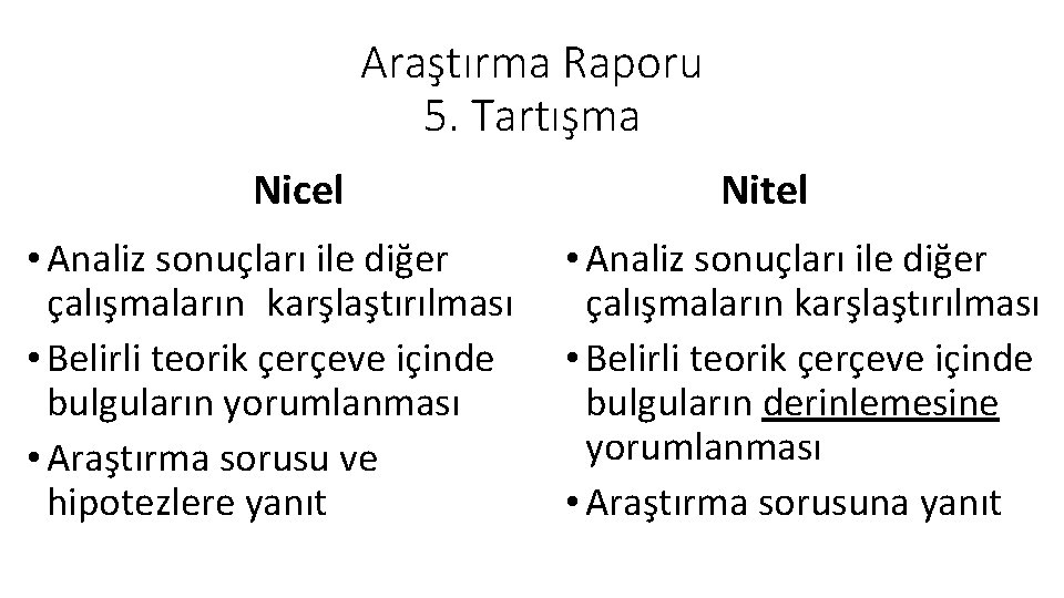 Araştırma Raporu 5. Tartışma Nicel • Analiz sonuçları ile diğer çalışmaların karşlaştırılması • Belirli