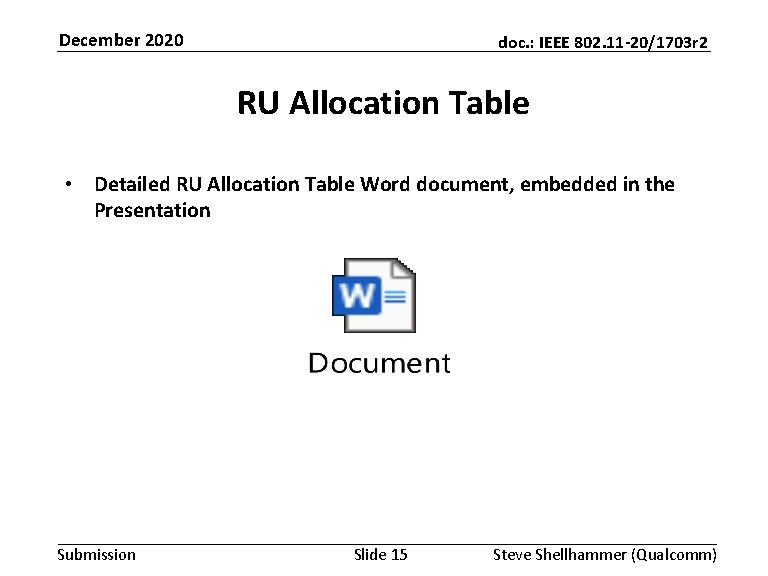 December 2020 doc. : IEEE 802. 11 -20/1703 r 2 RU Allocation Table •