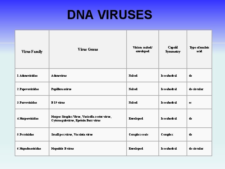DNA VIRUSES Virus Genus Virus Family Virion- naked/ enveloped Capsid Symmetry Type of nucleic
