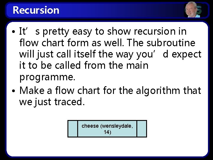 Recursion • It’s pretty easy to show recursion in flow chart form as well.