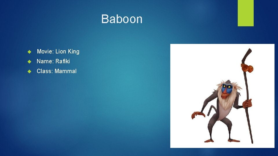 Baboon Movie: Lion King Name: Rafiki Class: Mammal 