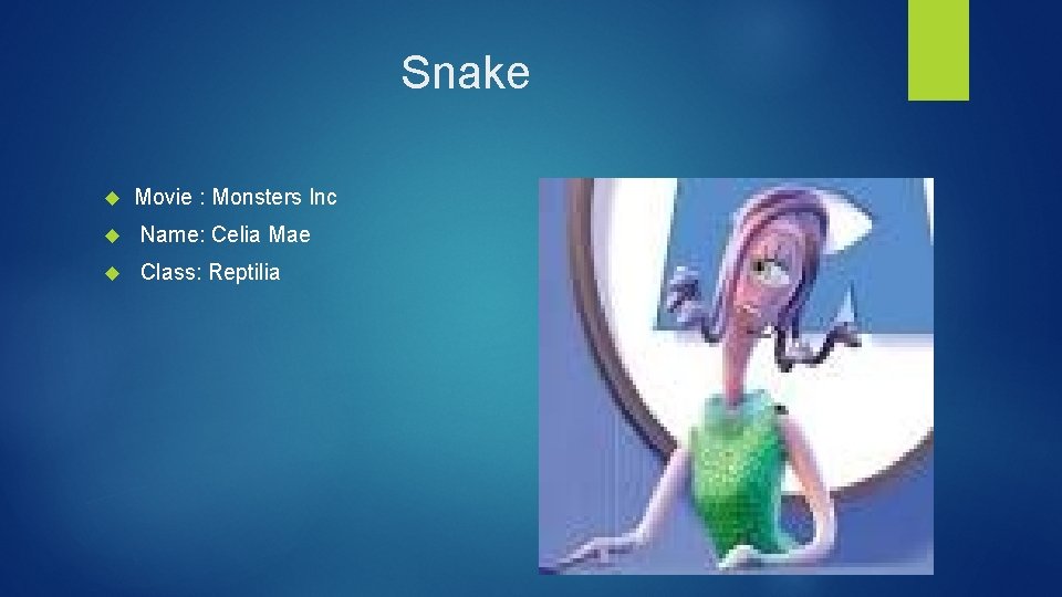 Snake Movie : Monsters Inc Name: Celia Mae Class: Reptilia 