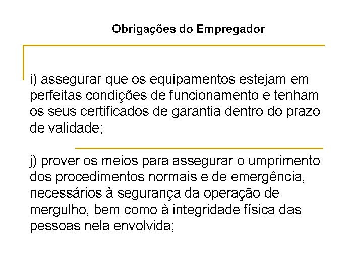 Obrigações do Empregador i) assegurar que os equipamentos estejam em perfeitas condições de funcionamento