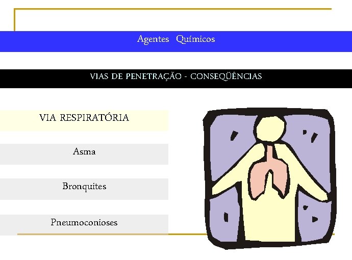 Agentes Químicos VIAS DE PENETRAÇÃO - CONSEQÜÊNCIAS VIA RESPIRATÓRIA Asma Bronquites Pneumoconioses 