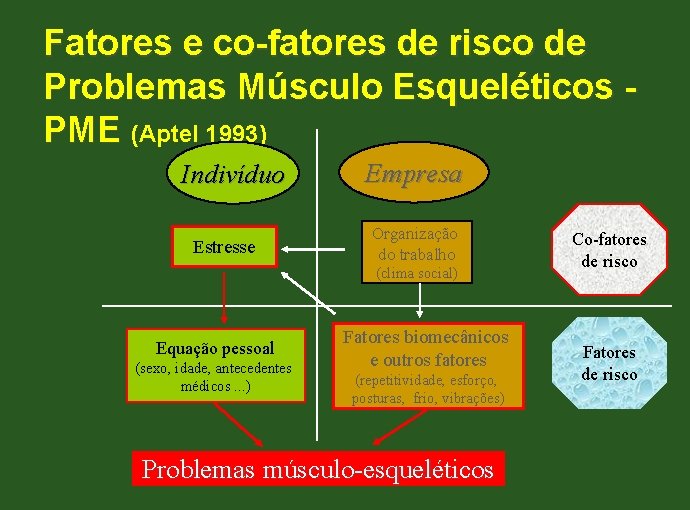 Fatores e co-fatores de risco de Problemas Músculo Esqueléticos PME (Aptel 1993) Indivíduo Estresse