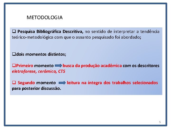 METODOLOGIA q Pesquisa Bibliográfica Descritiva, no sentido de interpretar a tendência teórico-metodológica com que