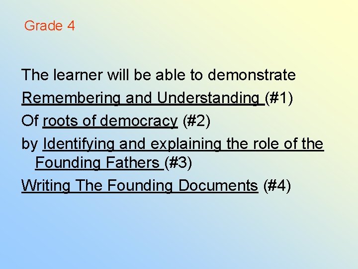 Grade 4 The learner will be able to demonstrate Remembering and Understanding (#1) Of