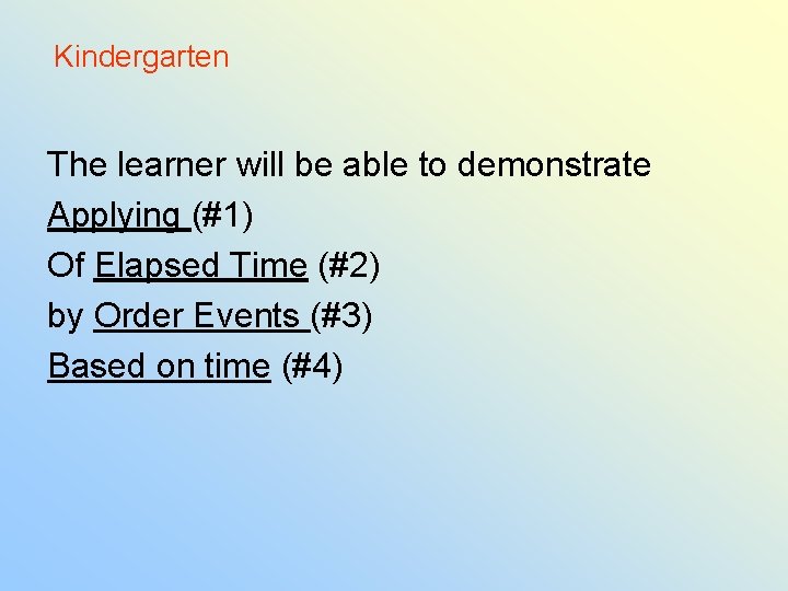 Kindergarten The learner will be able to demonstrate Applying (#1) Of Elapsed Time (#2)