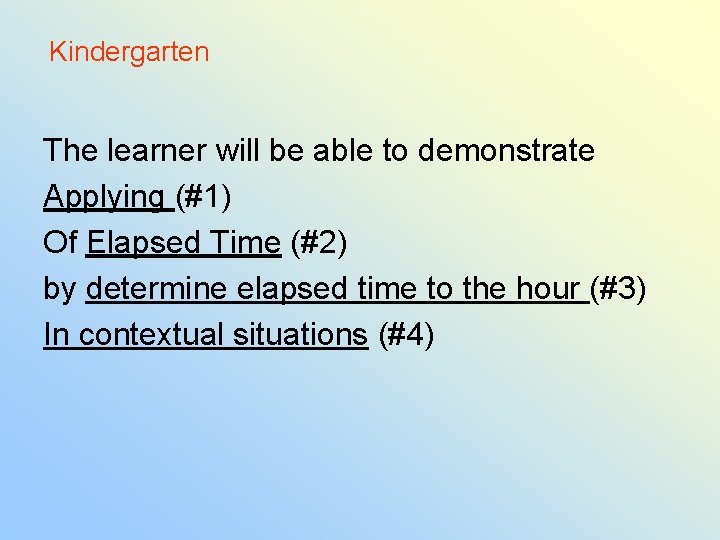 Kindergarten The learner will be able to demonstrate Applying (#1) Of Elapsed Time (#2)