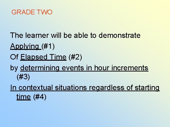 GRADE TWO The learner will be able to demonstrate Applying (#1) Of Elapsed Time