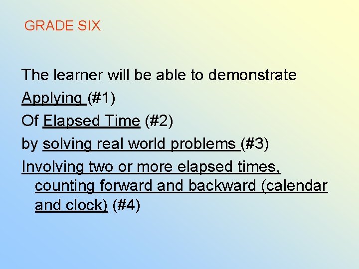 GRADE SIX The learner will be able to demonstrate Applying (#1) Of Elapsed Time