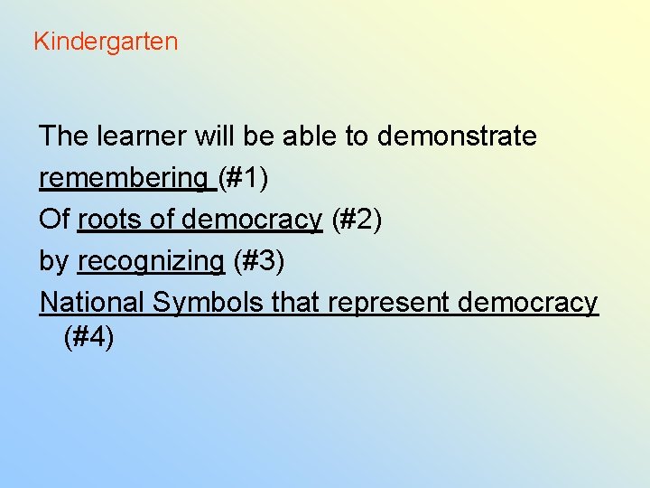 Kindergarten The learner will be able to demonstrate remembering (#1) Of roots of democracy