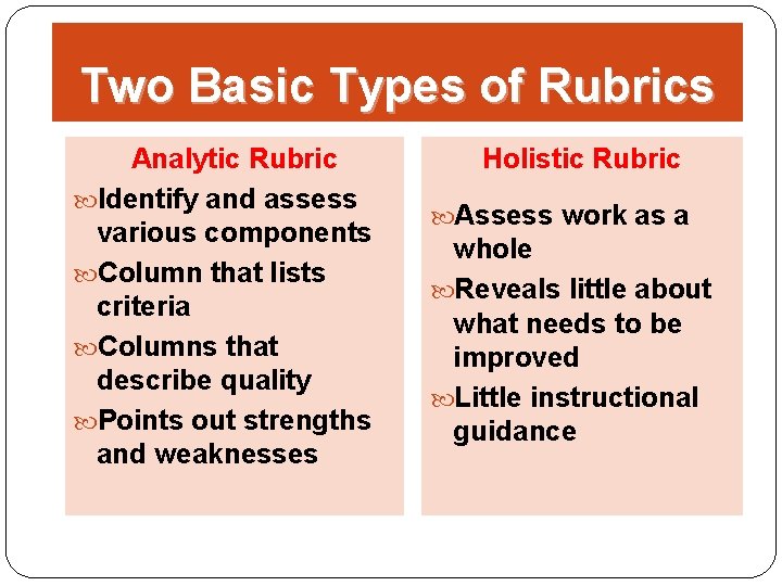 Two Basic Types of Rubrics Analytic Rubric Identify and assess various components Column that