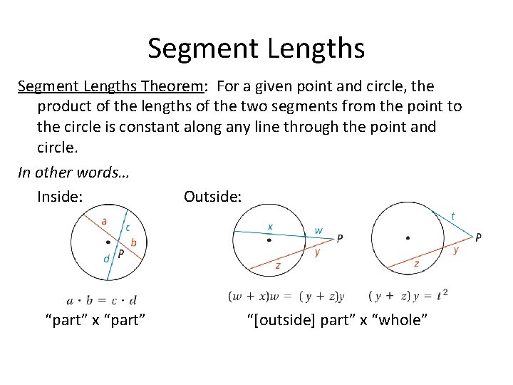 Segment Lengths Theorem: For a given point and circle, the product of the lengths