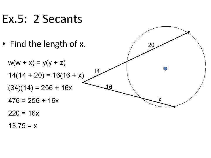 Ex. 5: 2 Secants • Find the length of x. 20 w(w + x)