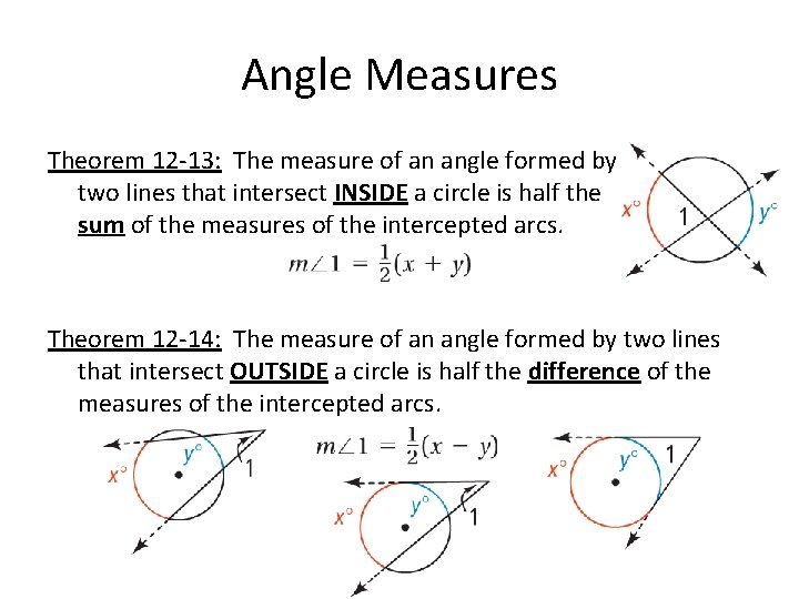 Angle Measures Theorem 12 -13: The measure of an angle formed by two lines