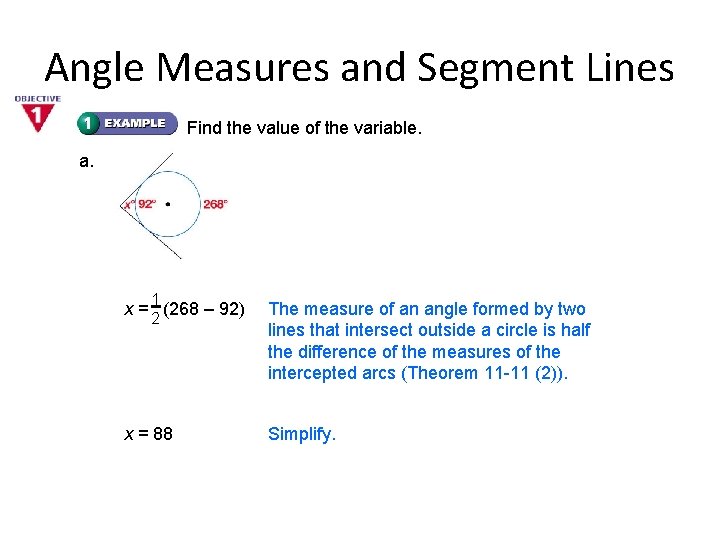 Angle Measures and Segment Lines Find the value of the variable. a. 1 2