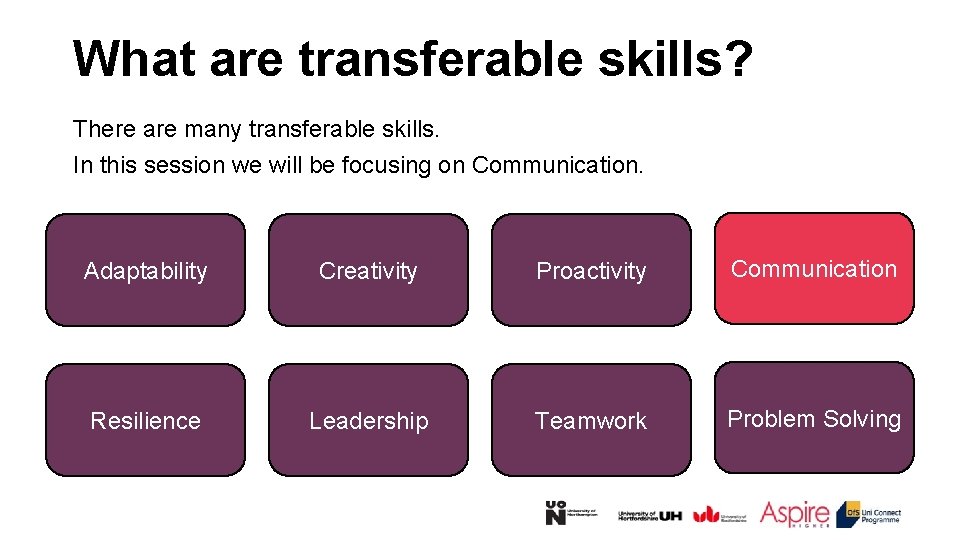 What are transferable skills? There are many transferable skills. In this session we will