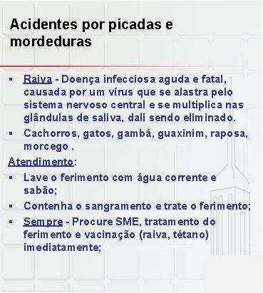 Acidentes por picadas e mordeduras § Raiva - Doença infecciosa aguda e fatal, causada