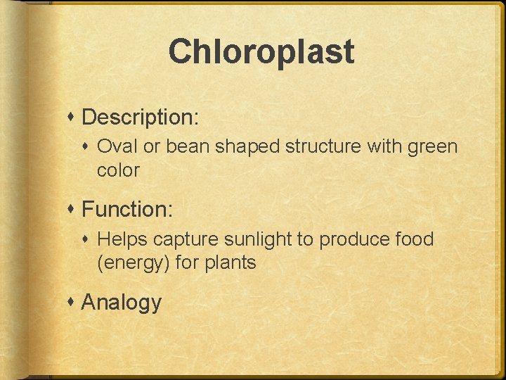 Chloroplast Description: Oval or bean shaped structure with green color Function: Helps capture sunlight