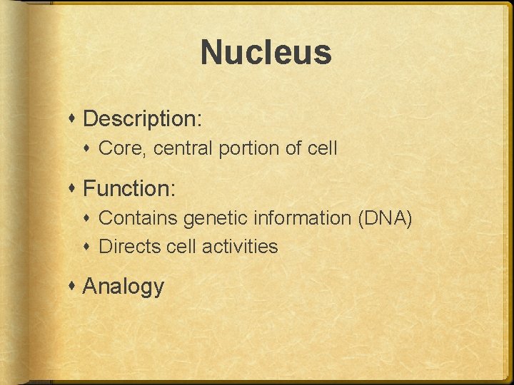 Nucleus Description: Core, central portion of cell Function: Contains genetic information (DNA) Directs cell