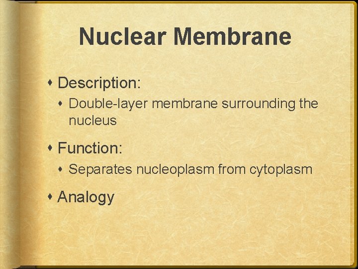 Nuclear Membrane Description: Double-layer membrane surrounding the nucleus Function: Separates nucleoplasm from cytoplasm Analogy