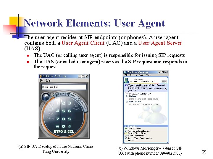 Network Elements: User Agent n The user agent resides at SIP endpoints (or phones).