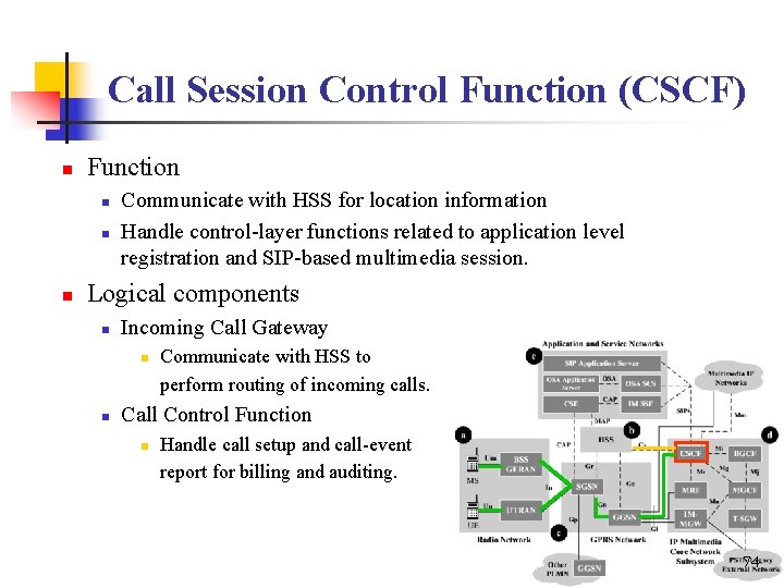 Call Session Control Function (CSCF) n Function n Communicate with HSS for location information