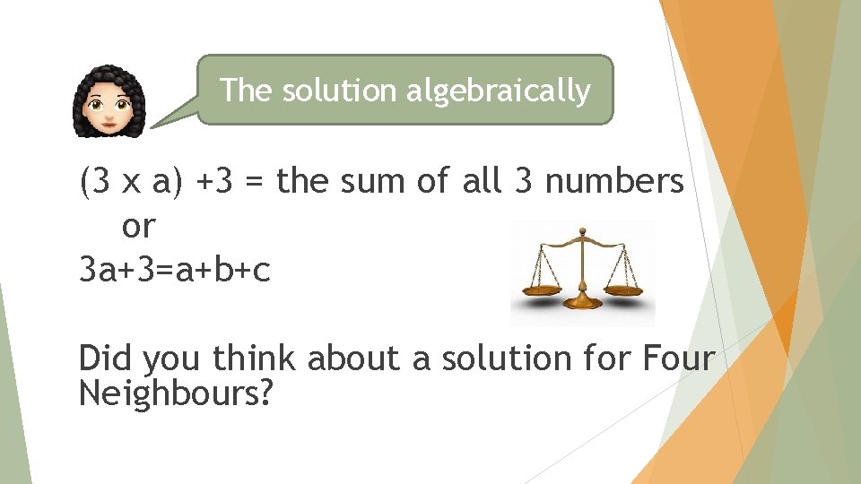 The solution algebraically (3 x a) +3 = the sum of all 3 numbers The solution algebraically (3 x a) +3 = the sum of all 3 numbers