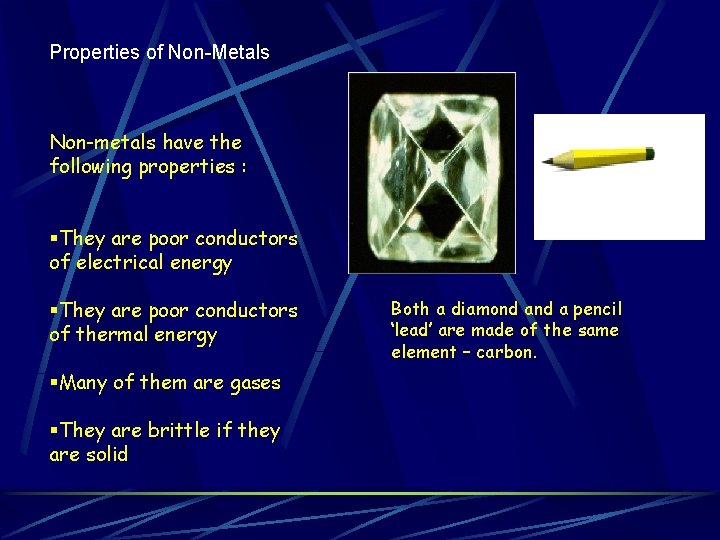 Properties of Non-Metals Non-metals have the following properties : §They are poor conductors of