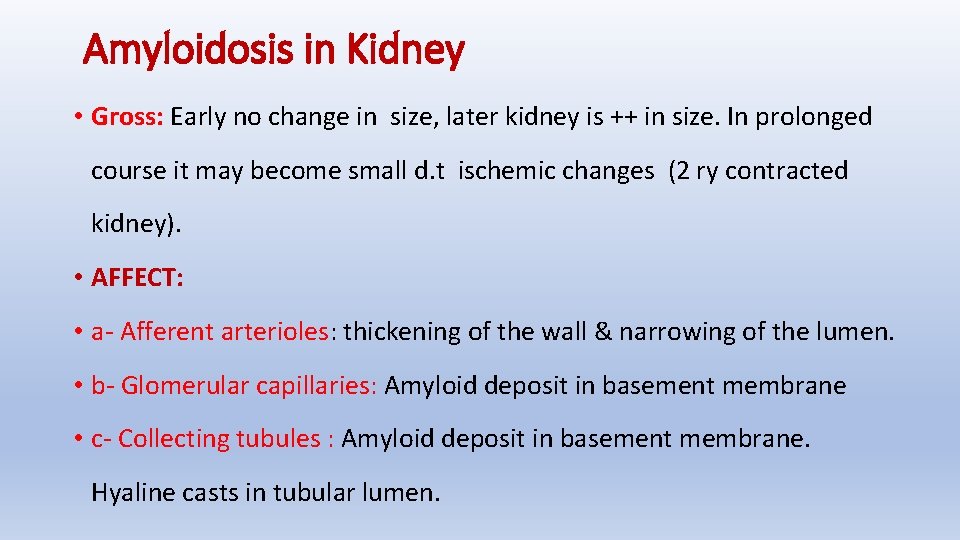 Amyloidosis in Kidney • Gross: Early no change in size, later kidney is ++
