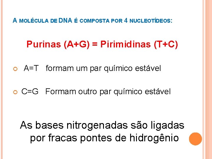 A MOLÉCULA DE DNA É COMPOSTA POR 4 NUCLEOTÍDEOS: Purinas (A+G) = Pirimidinas (T+C)