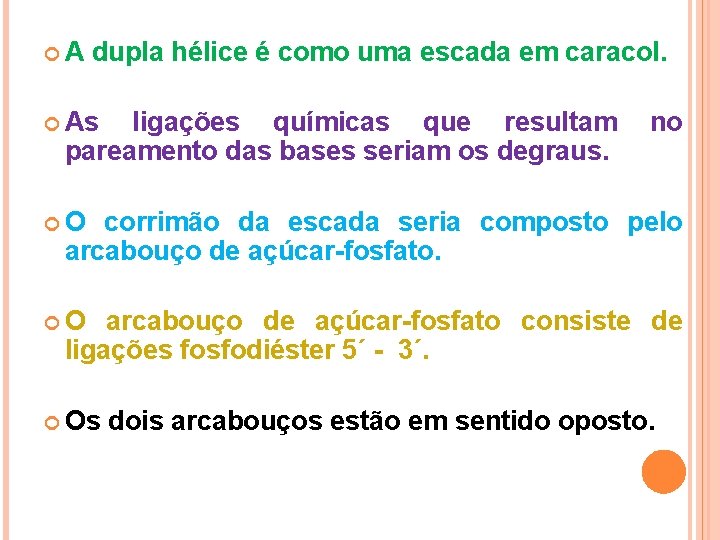  A dupla hélice é como uma escada em caracol. As ligações químicas que