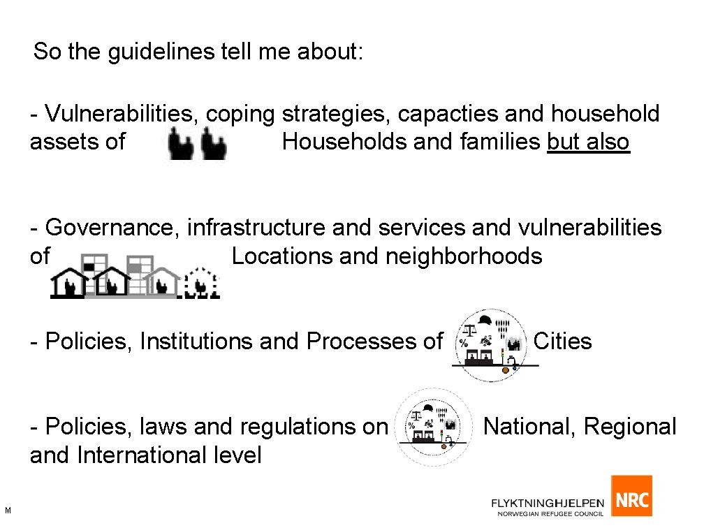 So the guidelines tell me about: - Vulnerabilities, coping strategies, capacties and household assets