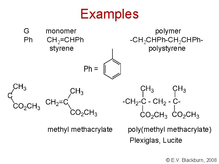 Examples G Ph monomer CH 2=CHPh styrene methyl methacrylate polymer -CH 2 CHPhpolystyrene poly(methyl