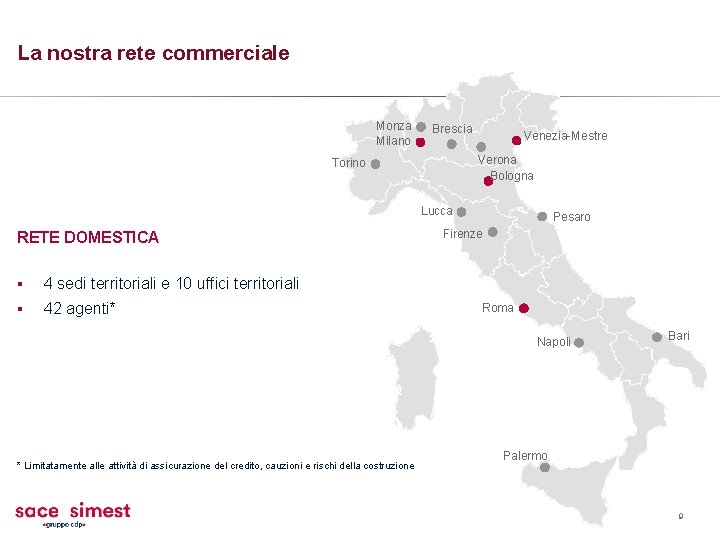 La nostra rete commerciale Monza Milano Brescia Venezia-Mestre Verona Bologna Torino Lucca RETE DOMESTICA