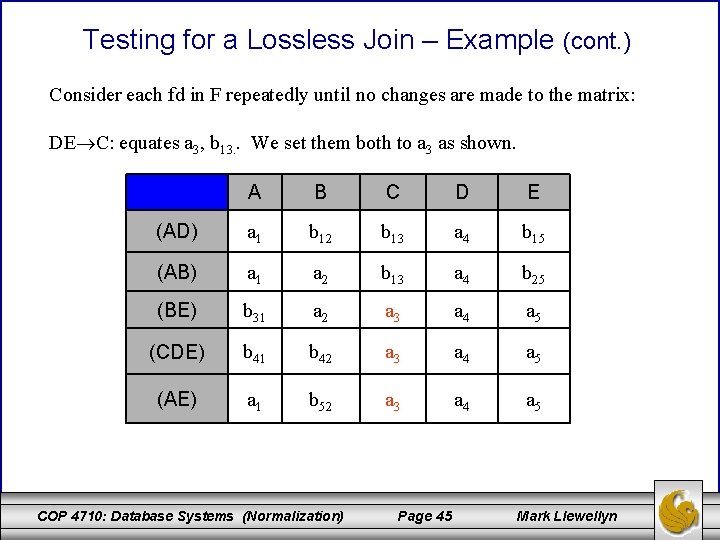Testing for a Lossless Join – Example (cont. ) Consider each fd in F