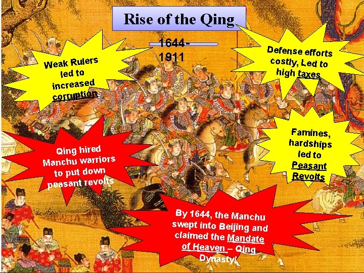 Rise of the Qing rs Weak Rule led to increased corruption 16441911 Defense efforts