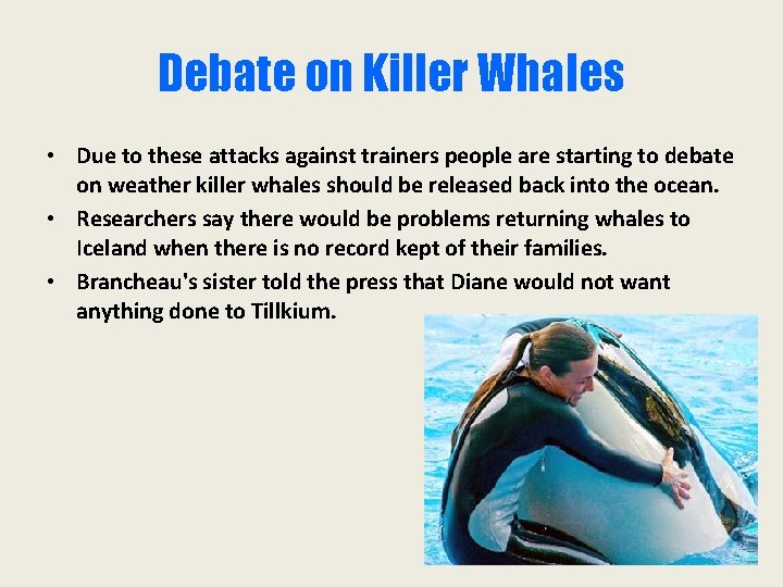 Debate on Killer Whales • Due to these attacks against trainers people are starting