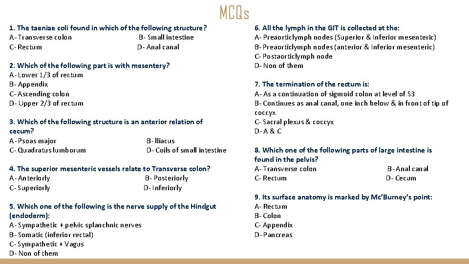 MCQs 1. The taeniae coli found in which of the following structure? A- Transverse