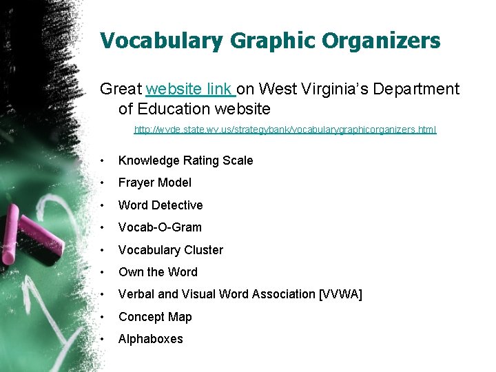 Vocabulary Graphic Organizers Great website link on West Virginia’s Department of Education website http: