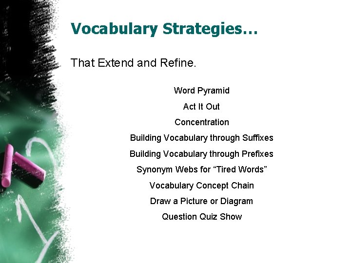 Vocabulary Strategies… That Extend and Refine. Word Pyramid Act It Out Concentration Building Vocabulary